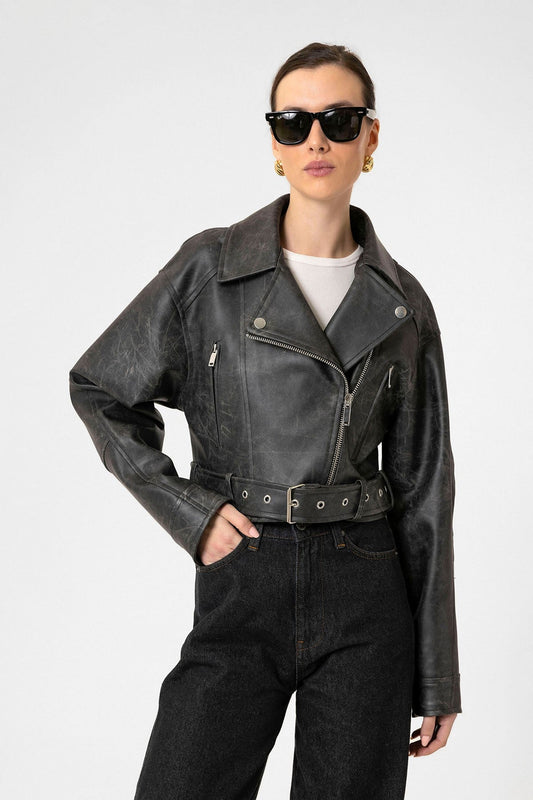 Antioch Kadın Suni Deri Crop Biker Ceket