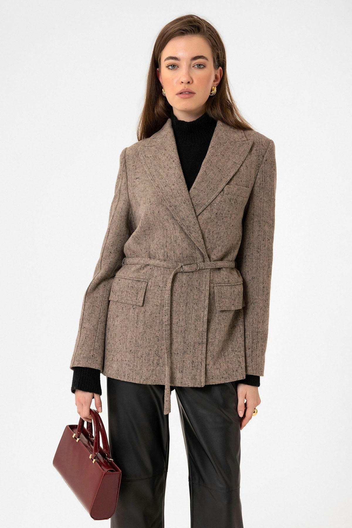 Antioch Kadın Kemerli Dokulu Blazer Ceket