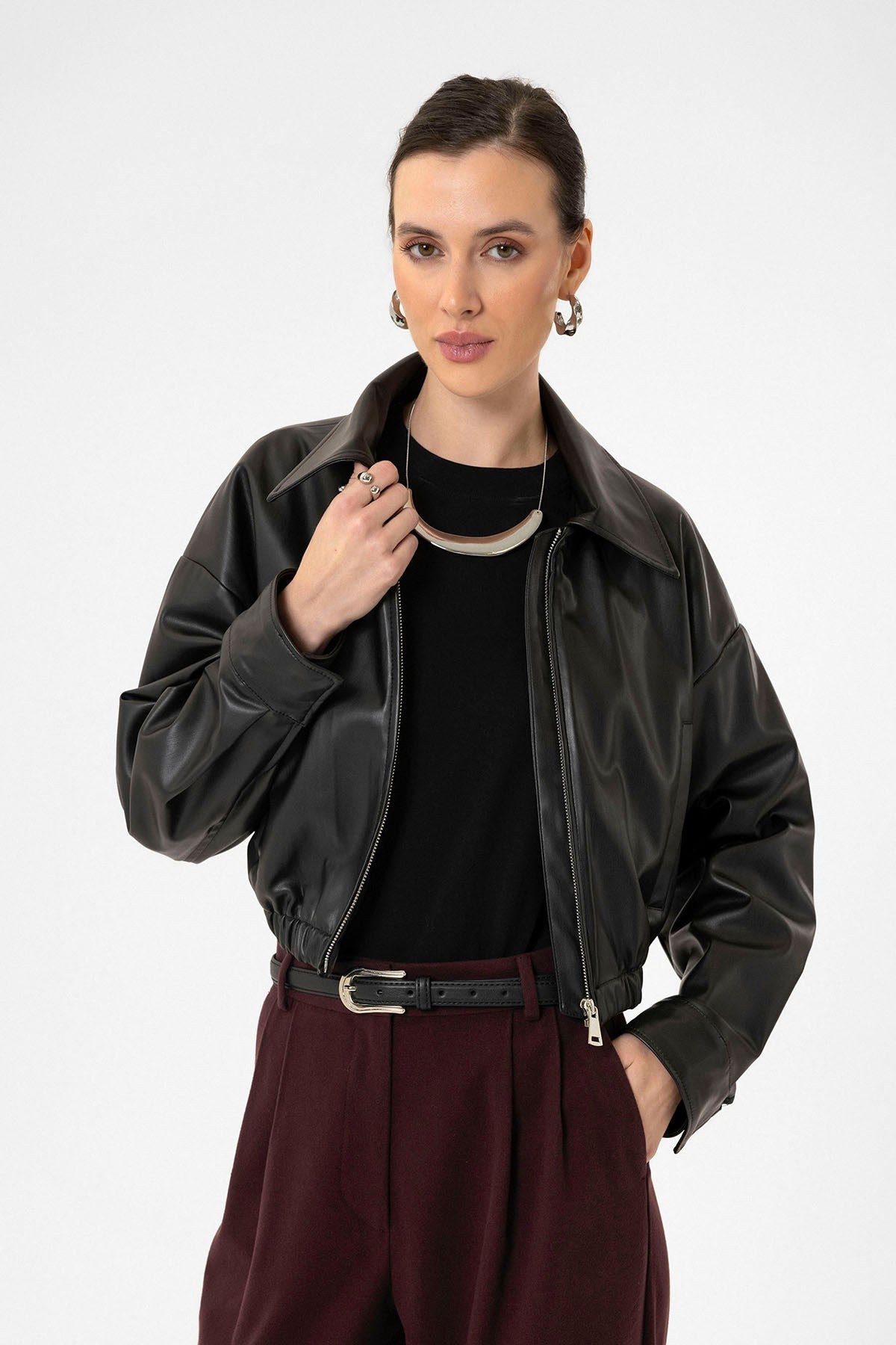 Antioch Crop Suni Deri Kadın Ceket