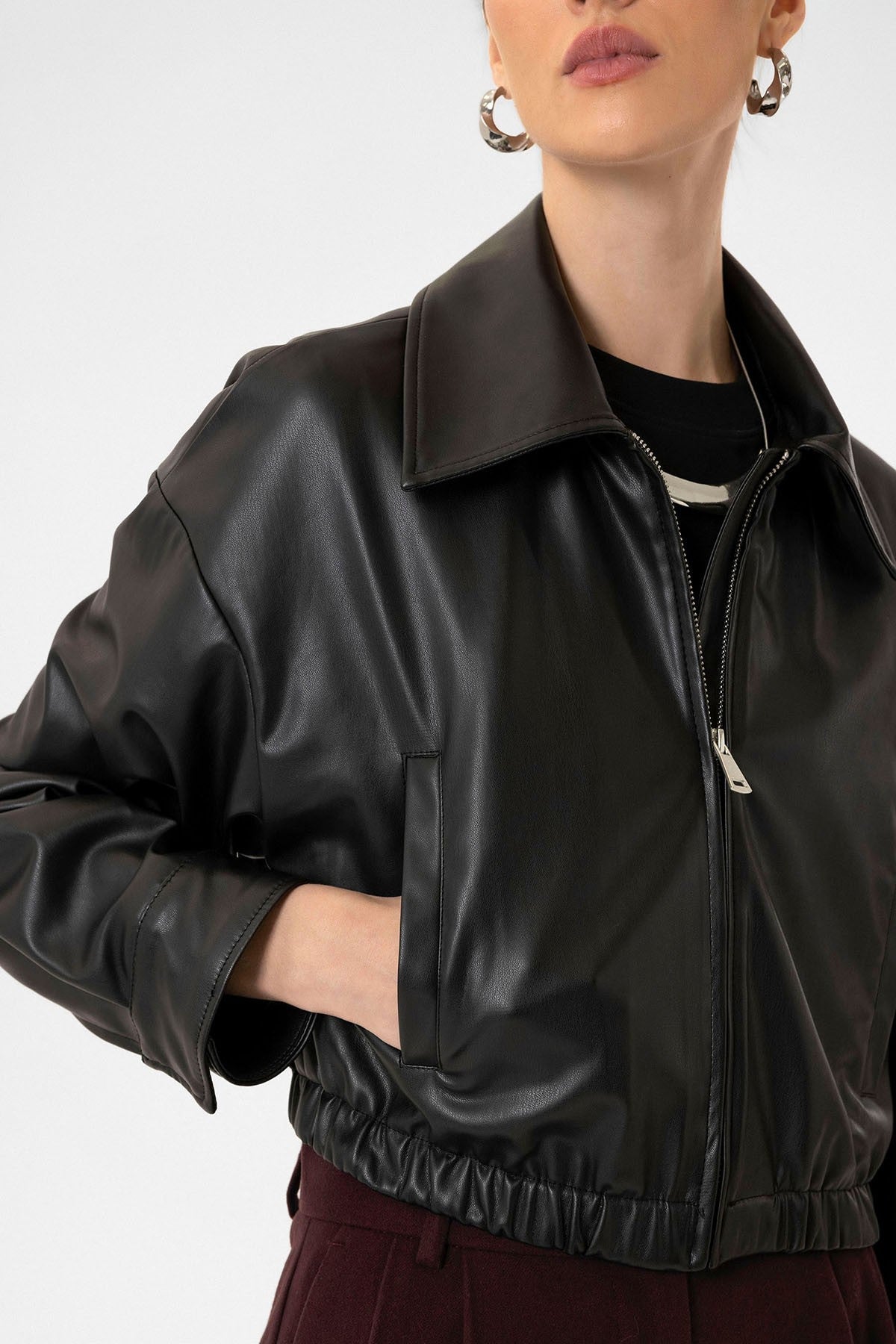 Antioch Crop Suni Deri Kadın Ceket